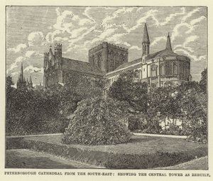 Peterborough Kathedraal vanaf het Zuidoosten, met de Centrale Toren zoals Herbouwd door English School