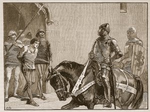 Piers Gaveston voor de graaf van Warwick, illustratie uit Cassells Geïllustreerde Geschiedenis van Engeland door English School