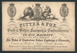 Pitter en Fox, Goud- en Zilverkantwerkers en Borduurders, Bedford Street, Covent Garden, handelskaart door English School