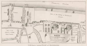 Plattegrond van Bankside aan de rivier de Theems gebaseerd op een oude kaart uit de regeerperiode van koningin Elizabeth, met de Bull and Bear Baiting