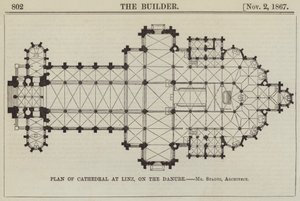 Plattegrond van de Kathedraal in Linz, aan de Donau, Mr Stadtz, Architect (gravure) door English School