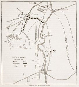 Plan van de Slag bij Assaye, illustratie uit Cassells Geïllustreerde Geschiedenis van India door James Grant, uitgegeven 1879 door English School