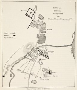 Plan van de Slag bij Bithoor, 16 augustus 1857, uit Cassells Geïllustreerde Geschiedenis van Engeland