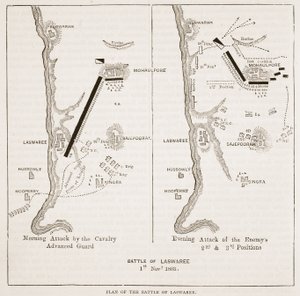 Plan van de Slag bij Laswaree, illustratie uit Cassells Geïllustreerde Geschiedenis van India door James Grant, uitgegeven 1879
