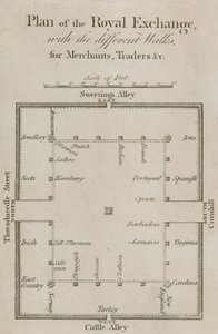 Plattegrond van de Royal Exchange met de verschillende wandelingen voor kooplieden, handelaren, enz. door English School