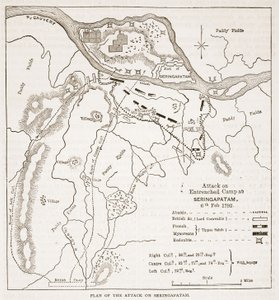 Plan van de aanval op Seringapatam, illustratie uit Cassells Geïllustreerde Geschiedenis van India door James Grant, uitgegeven 1879 door English School