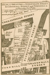 Plattegrond van de brand in Bishopsgate Street, Cornhill en Leadenhall Street, Londen, die begon op 7 november 1765