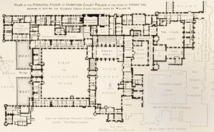 Plattegrond van de hoofdverdieping van Hampton Court Palace zoals het was tijdens het bewind van koning Hendrik VIII, uit Geschiedenis van Hampton Court Palace in Tudor-tijden door Ernest Law, gepubliceerd in Londen 1885 door English School