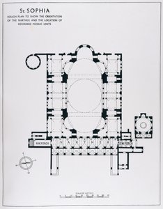 Plan om de oriëntatie van de narthex en beschreven mozaïekeenheden te tonen, uit De mozaïeken van Haghia Sophia in Istanbul door Thomas Whittemore
