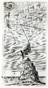 Vliegtuig, illustratie van het frontispice van De man in de maan of een verhandeling over een reis daarheen door Domingo Gonsales, de snelle Boodschapper door Francis Godwin (1562-1633), postuum gepubliceerd