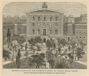 Beplante binnenplaats en Gouverneurshuis in Tothill Fields Prison door English School