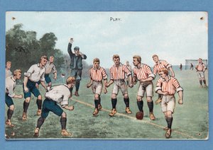 Spel, ansichtkaart met een voetbalwedstrijd