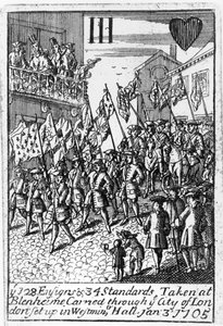 Speelkaart die de Vaandels en Standaarden genomen bij Blenheim toont, door de stad Londen gedragen, 3 januari 1705 door English School