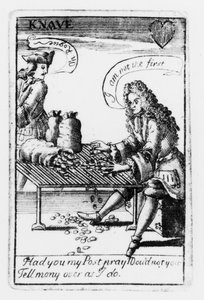 Speelkaarten ter herdenking van de Spaanse Successieoorlog, hartenkleur, ca. 1707 (detail) door English School