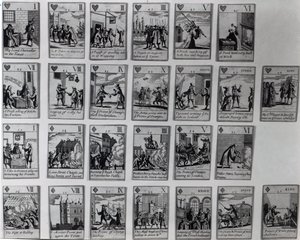 Speelkaarten die episodes uit de Glorieuze Revolutie van 1688-89 uitbeelden, ca. 1689 door English School