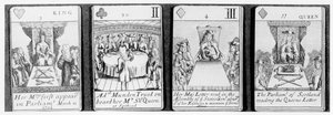 Speelkaarten die gebeurtenissen uitbeelden aan het begin van het bewind van koningin Anne, uit een set ter herdenking van de Spaanse Successieoorlog (1702-13)