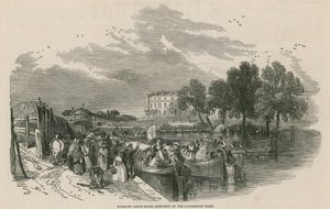 Pleziervaartuigen, geschetst bij het Paddington Basin, Regents Canal, Londen
