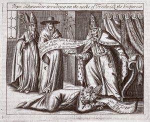 Paus Alexander die op de nek van keizer Frederik trapt, illustratie uit Handelingen en Monumenten van John Foxe, negende editie, uitgegeven 1684
