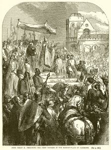 Paus Urbanus II predikt de Eerste Kruistocht op de markt van Clermont door English School