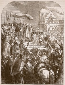 Paus Urbanus II die de Eerste Kruistocht predikt op de markt van Clermont, 1096, illustratie uit Cassells Illustrated History of England door English School