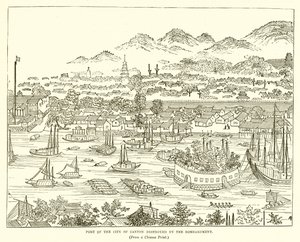 Haven van de stad Canton vernietigd door het bombardement