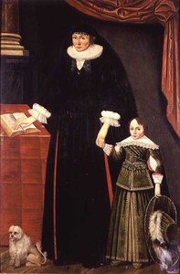 Portret van een dame en een jonge jongen, misschien Anne Bonham en haar zoon Hugh door English School