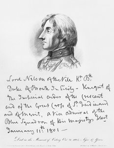 Portret van admiraal Horatio Nelson met zijn handschrift