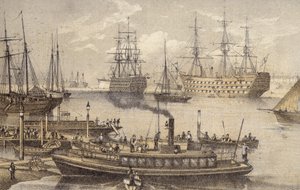 Haven van Portsmouth (gekleurde gravure) door English School
