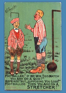 Prentbriefkaart met een karikatuur van een Spaanse voetballer door English School