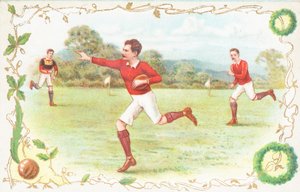 Ansichtkaart met mannen die rugby spelen