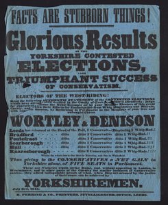 Poster ter viering van de overwinning van conservatieve kandidaten bij parlementsverkiezingen in Yorkshire