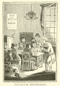 Politici in een kroeg (houtsnede) door English School