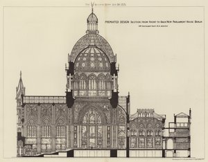 Premiated Ontwerp, Sectie van Voor naar Achter Nieuw Parlementsgebouw Berlijn (gravure)