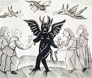 Kinderen presenteren aan de duivel, kopie van een illustratie uit De heks van de bossen gebruikt in een verzameling chapbooks over esoterica