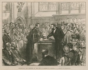 Het aanbieden van de vrijheid van de stad Londen aan Generaal U S Grant in Guildhall door English School