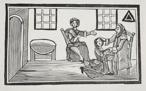 Mooie Bessie ontvangt de zegen van haar vader wanneer ze op zoek gaat naar haar eigen levensonderhoud, illustratie uit Chap-books van de achttiende eeuw door John Ashton, uitgegeven 1882