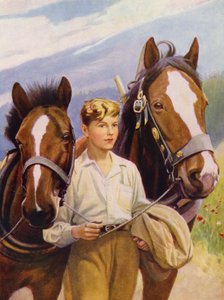 Mooi stalmeisje met kort haar leidt twee paarden door English School