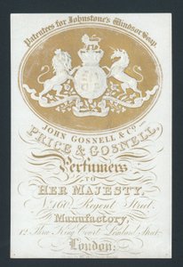 Price en Gosnell, Parfumeurs van Hare Majesteit, handelskaart door English School