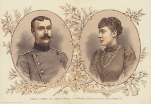 Prins Aribert van Anhalt-Dessau en prinses Louise van Sleeswijk-Holstein (chromolitho) door English School