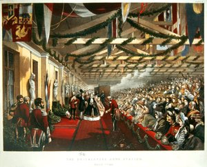 Prinses Alexandra van Denemarken arriveert in Londen op 7 maart 1863 op The Bricklayers Arms Station met haar toekomstige echtgenoot, de Prins van Wales. 1863 door English School