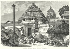Hoofdingang van de Tempel van Juggernath (gravure) door English School
