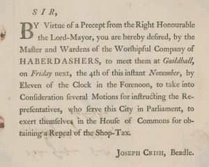Gedrukte brief van Joseph Crish, Beadle van Guildhall, Londen door English School