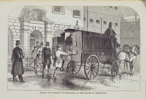 Gevangeniswagen die Gevangenen ophaalt bij het Huis van Bewaring, uit The Criminal Prisons of London and Scenes of Prison Life door Henry Mayhew (1812-87) en John Binny, 1862 door English School