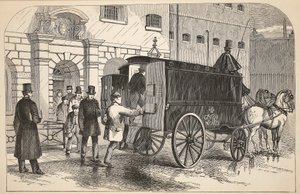 Gevangeniswagen die gevangenen ophaalt bij het House of Detention, illustratie uit The Criminal Prisons of London and Scenes from Prison Life door Henry Mayhew en John Binny, uitgegeven in 1862 door English School