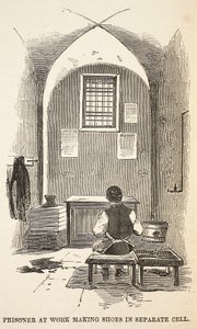 Gevangene aan het werk schoenen maken in aparte cel, illustratie uit The Criminal Prisons of London and Scenes from Prison Life door Henry Mayhew en John Binny, uitgegeven in 1862