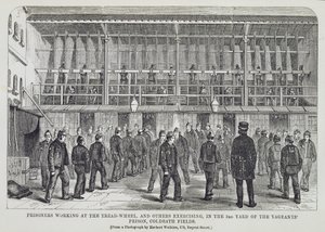 Gevangenen aan het Werk op het Looprad en Anderen aan het Oefenen in de 3e Tuin van de Vagebonden Gevangenis, Coldbath Fields, uit The Criminal Prisons of London and Scenes of Prison Life door Henry Mayhew (1812-87)