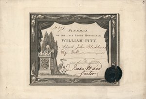 Toegangskaart voor de begrafenis van William Pitt door English School