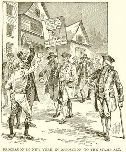 Processie in New York tegen de Stamp Act door English School