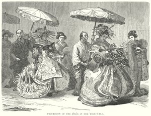 Processie van de Joros in de Yoshiwara (gravure) door English School