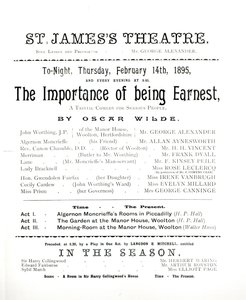 Programma voor een uitvoering van Het Belang van Ernst, door Oscar Wilde in het St. James Theatre, 14 februari 1895
